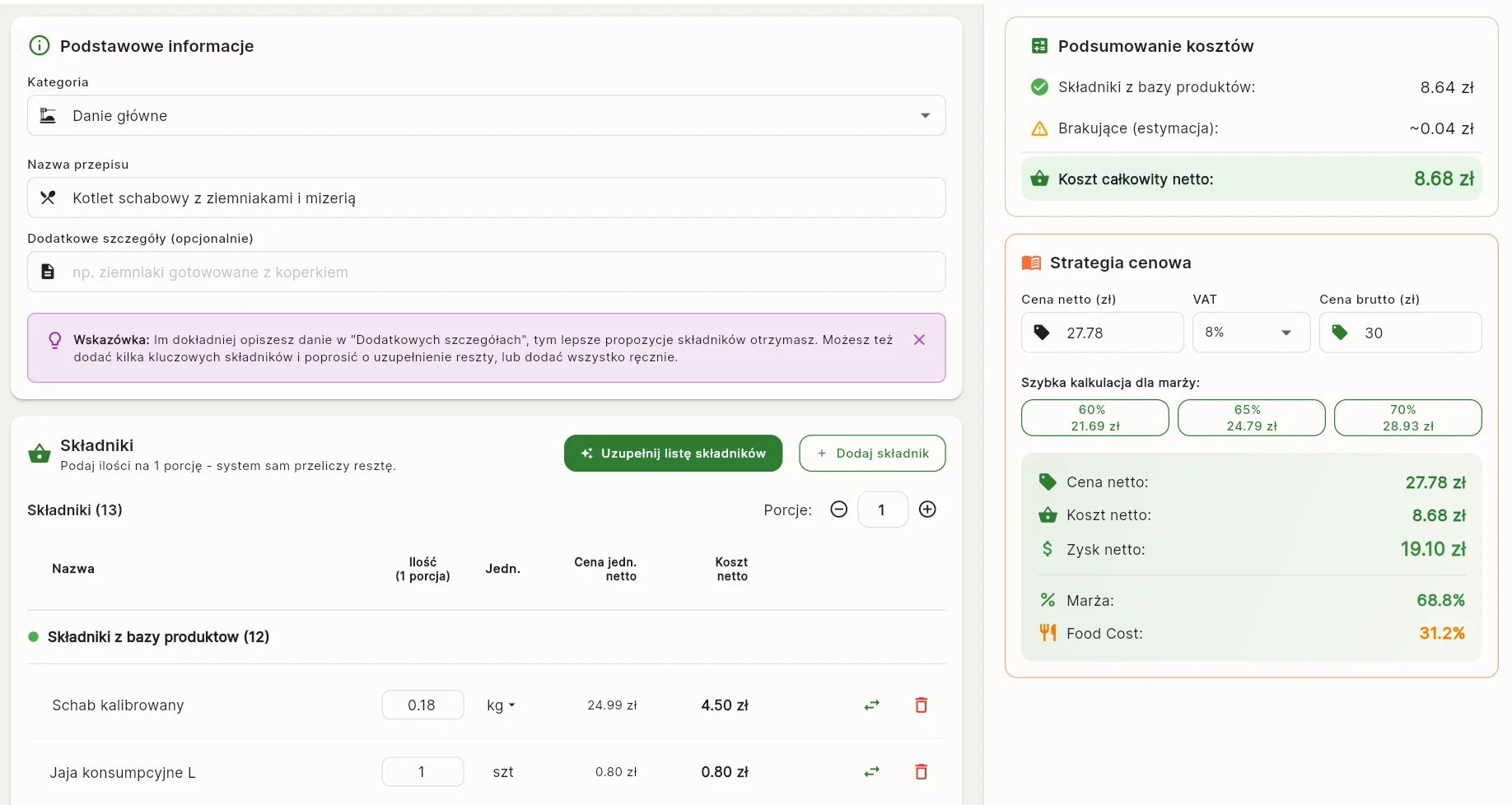 Kalkulator rentowności dań